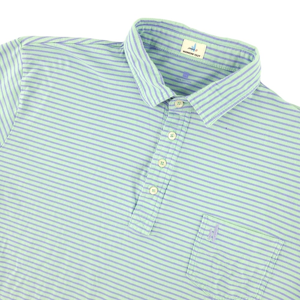 Johnnie-O Polo Shirt Mens XL Green Stripe Hangin' Out Cotton Pocket Casual Top
